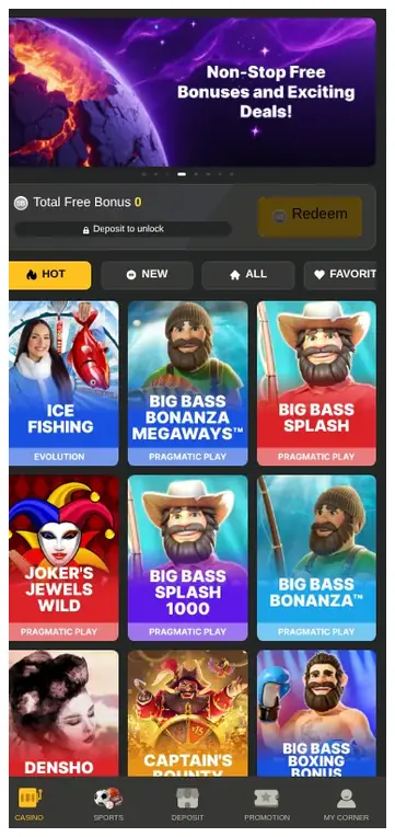 Dope Wins mobile home page lobby, game grid with "Big Bass Bonanza", "Ice Fishing", "Joker's Jewels Wild" tiles, 28.10.2026